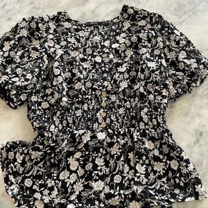Smocked Waist Floral Peplum Blouse - Black & Cream